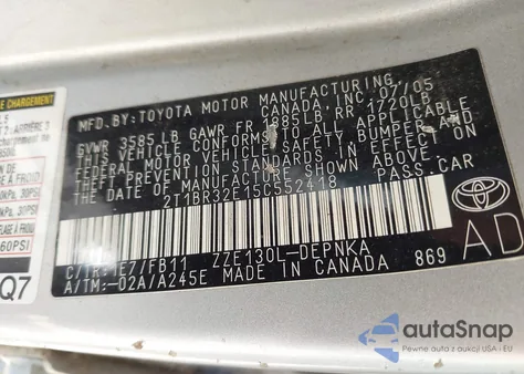 2005 Toyota Corolla Le z USA, uszkodzony, nr VIN 2T1BR32E15C552418